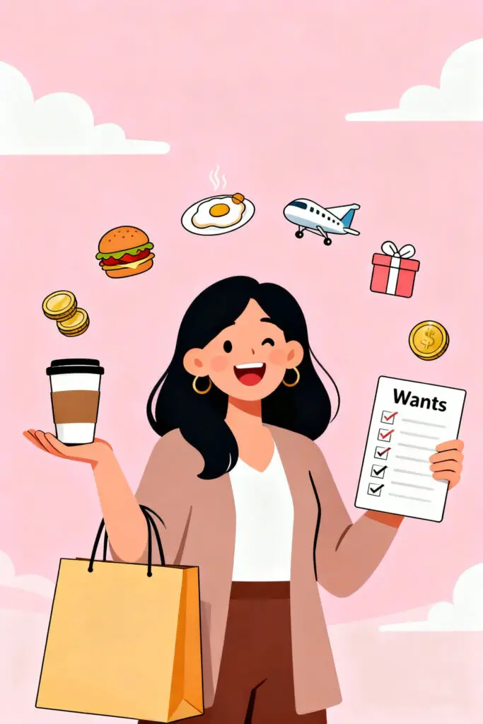 Illustration of a smiling woman enjoying coffee and shopping with icons of leisure and treats around her on a pastel pink background, symbolizing mindful spending on wants.