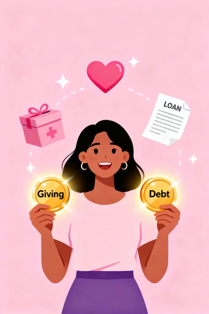 Illustration of a woman deciding between giving and debt repayment, with charity and loan icons on a pastel pink background.