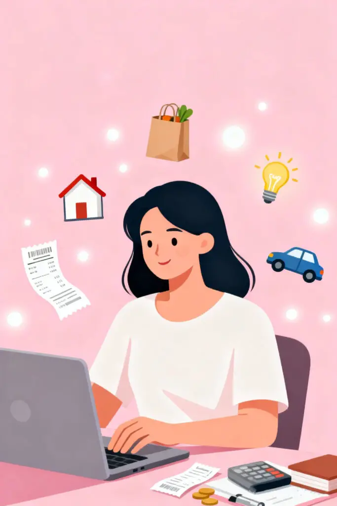 Illustration of a woman reviewing essential expenses like rent, groceries, and utilities with icons floating around her on a pastel pink background.