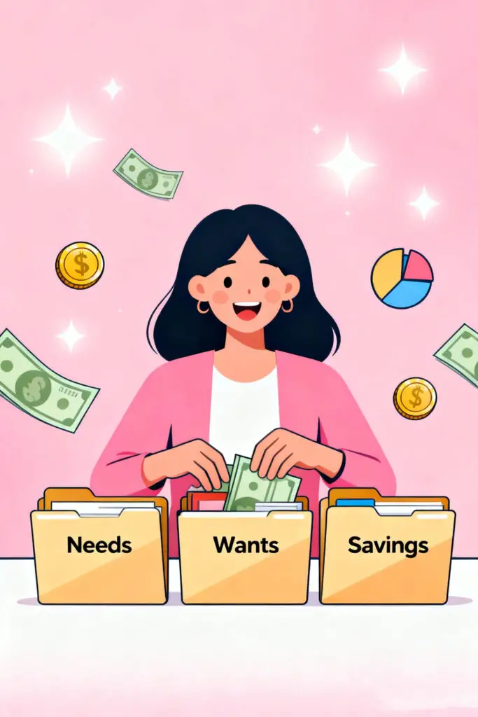 Illustration of a woman organizing three folders labeled “Needs,” “Wants,” and “Savings” on a pastel pink background, representing the simplicity and clarity of budgeting with only three categories.