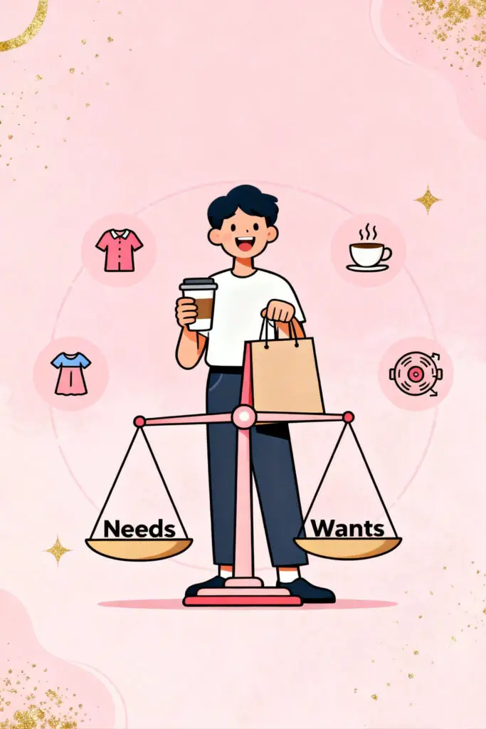 Illustration of a person holding a coffee cup and shopping bag next to a balanced scale with “Needs” and “Wants,” symbolizing mindful spending, on a pastel pink background with golden highlights.