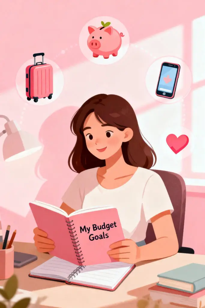 Illustration of a woman writing in a notebook labeled “My Budget Goals” with floating icons of travel, savings, and peace of mind on a pastel pink background, representing motivation for budgeting.