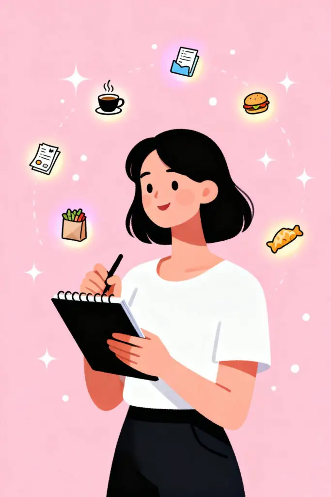 Illustration of a woman tracking her spending with various expense icons surrounding her on a pastel pink background.