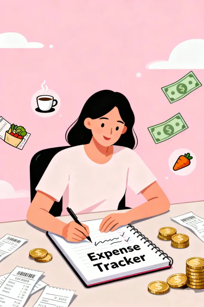 Illustration of a woman tracking her expenses in a notebook with floating icons of groceries, coffee, and bills on a pastel pink background, symbolizing mindful money tracking.