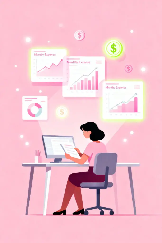Illustration of a woman reviewing her budget with floating charts and money icons on a pastel pink background.