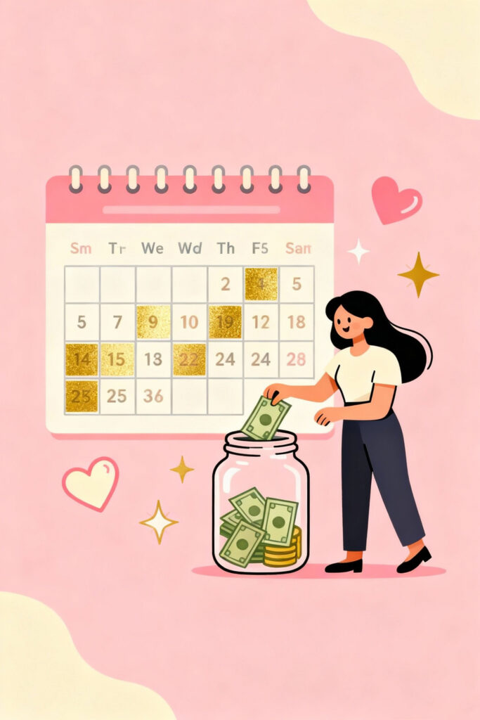 Save $5,000 in Just 26 Weeks! (Bi-Weekly Savings Challenge) 2 Illustration of a woman saving money every two weeks using a bi-weekly calendar, placing cash into a jar against a pastel pink background.