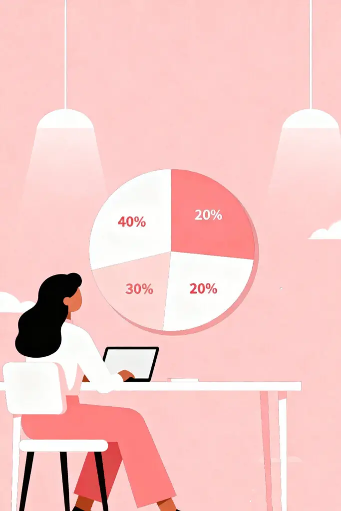 Illustration of a woman studying a pastel pie chart labeled needs, wants, savings, and investments, representing the breakdown of the 40-30-20-20 budgeting rule.