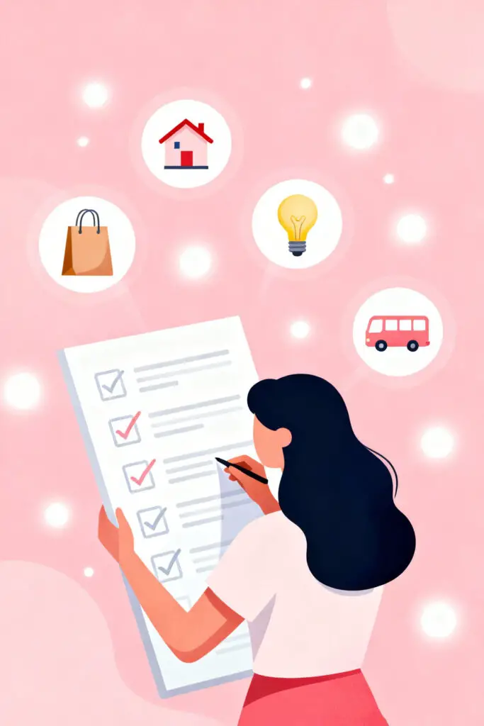 Illustration of a woman checking off essential expenses such as rent, groceries, and utilities on a pastel pink background.