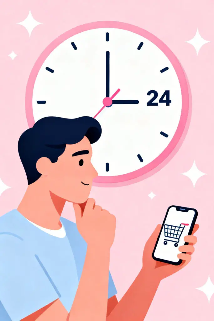 Illustration of a man pausing before buying something online, with a shopping cart on his phone and a large 24-hour clock behind him on a pastel pink background, symbolizing mindful spending and avoiding impulse purchases.