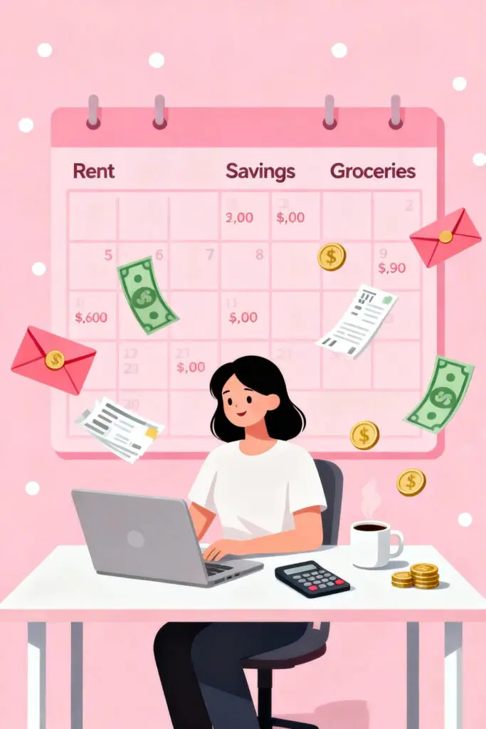 Illustration of a woman planning her monthly budget at a desk with a laptop and floating money icons on a pastel pink background, symbolizing the concept of zero-based budgeting and financial organization.