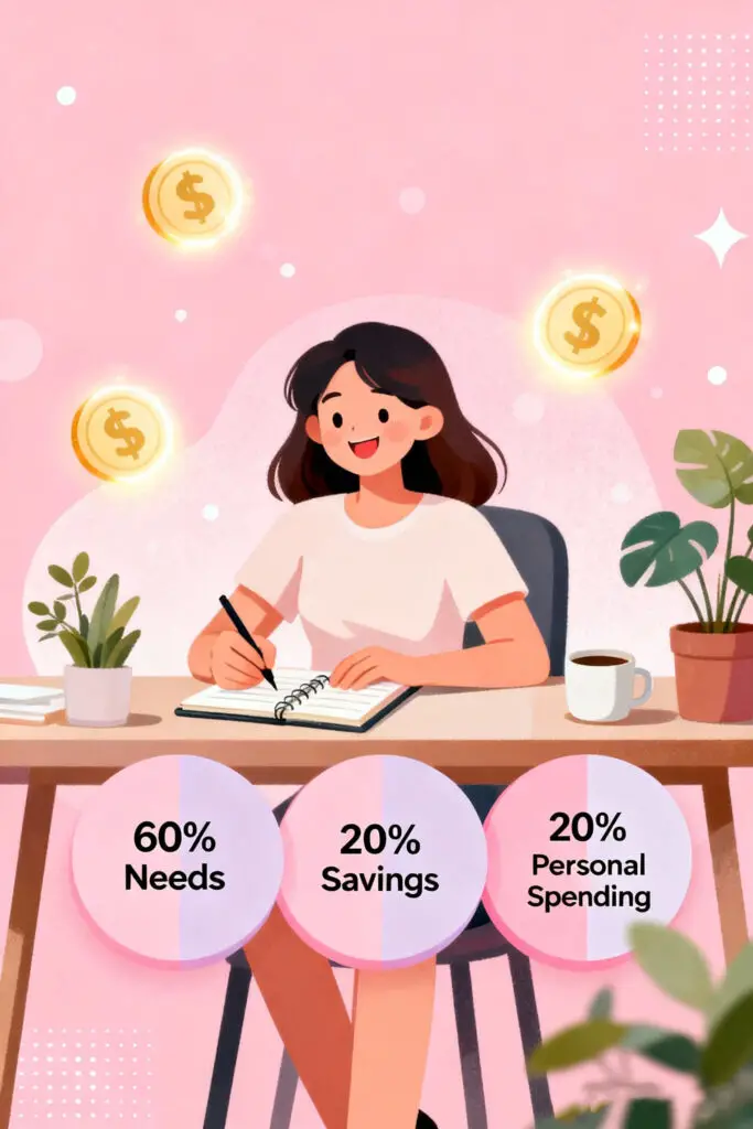 60-20-20 Rule: The Simple Budget Plan That Actually Works 2 Illustration of a woman planning her budget beside a pastel pie chart labeled 60% Needs, 20% Savings, and 20% Personal Spending, symbolizing the 60-20-20 budgeting method on a pink background.
