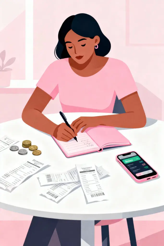 Illustration of a woman writing down her daily expenses in a notebook with receipts and coins around her on a pastel pink background, symbolizing mindful money tracking.
