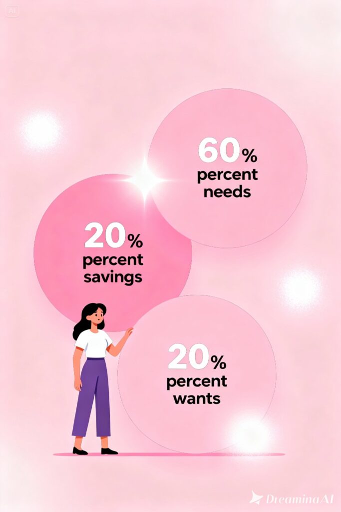 Illustration of a woman explaining the 60 20 20 budget rule using three large budget circles on a pastel pink background.