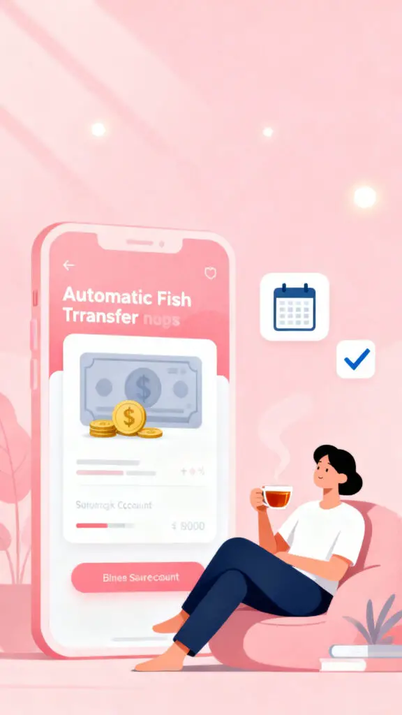 Illustration representing automating savings and bills for consistent financial progress on a pastel pink background.