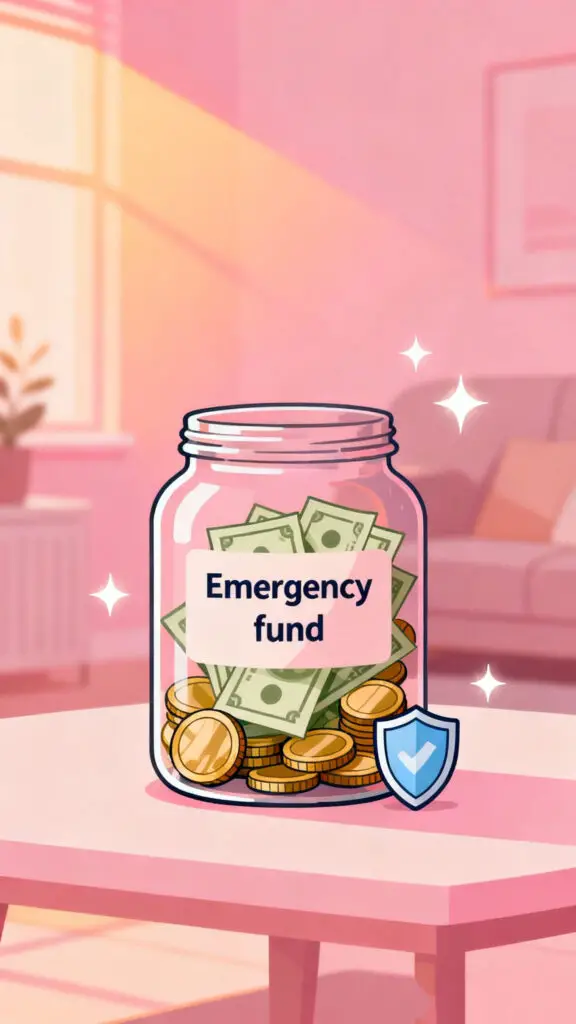 Illustration representing building an emergency fund for financial security on a pastel pink background.