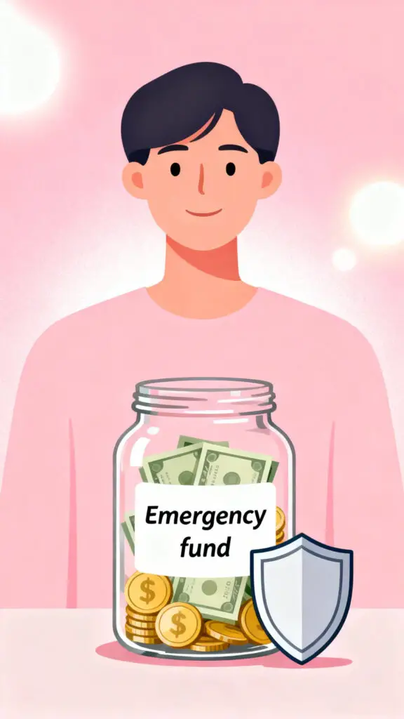 Illustration representing building an emergency fund for financial security on a pastel pink background.