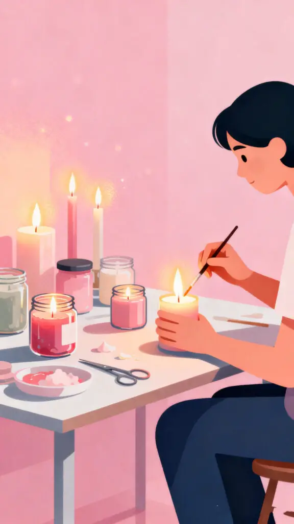 Illustration showing candle making as a profitable hobby with handmade candles on a pastel pink background.
