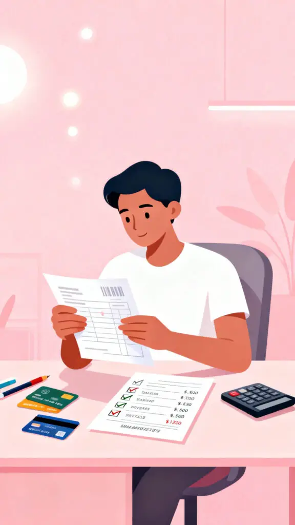 Illustration showing a person reviewing all debts to gain financial clarity as the first step toward becoming debt free on a pastel pink background.
