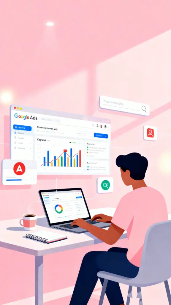 Illustration of a Google Ads specialist managing online ads from home on a pastel pink background.