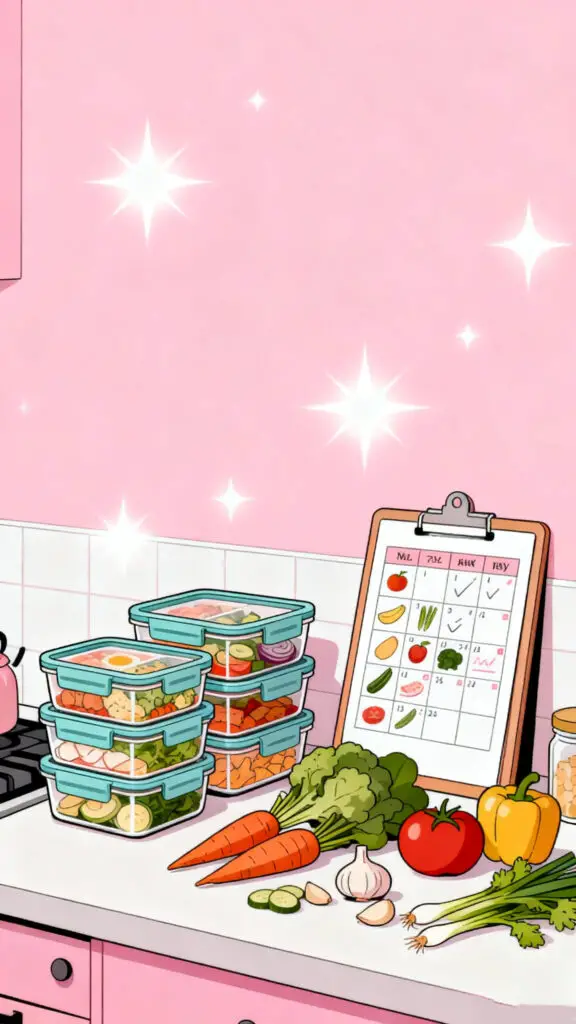 Illustration of meal-prep containers and a weekly food plan on a kitchen counter with a pastel pink highlighted background.