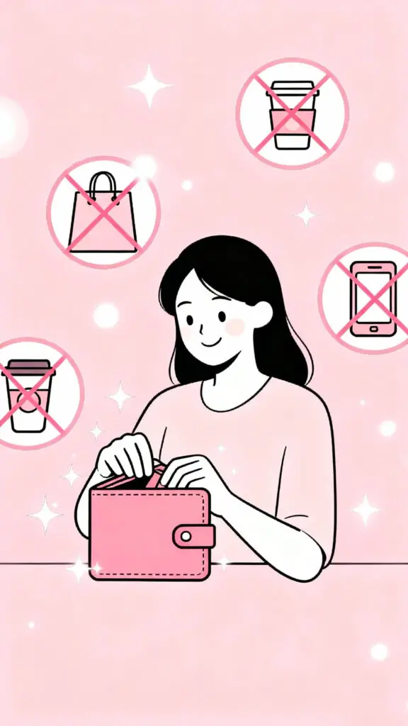Illustration of a woman closing her wallet while non-essential items are crossed out around her, set on a pastel pink highlighted background.