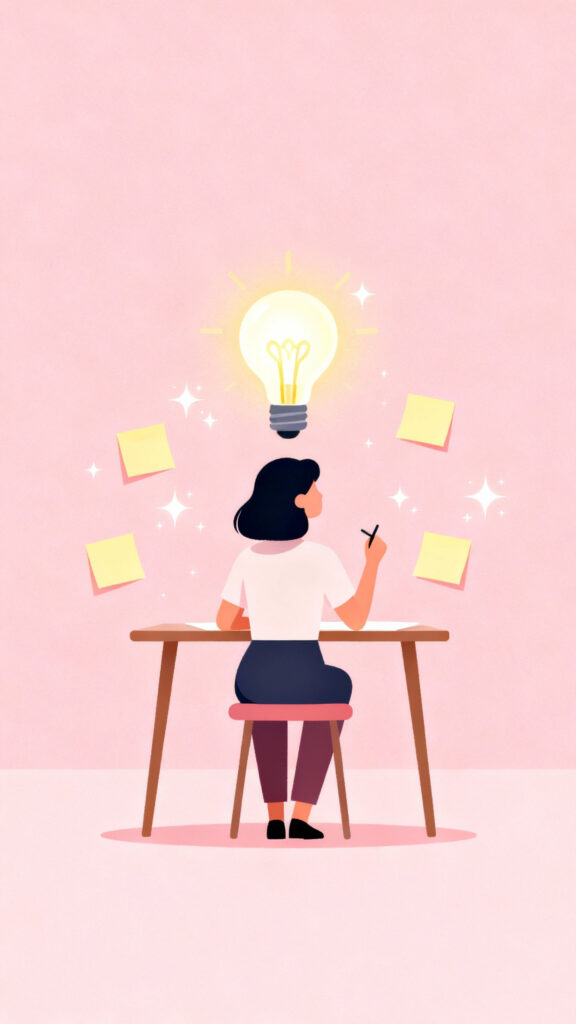 Illustration of a woman at a desk brainstorming with a glowing lightbulb and pastel pink background.