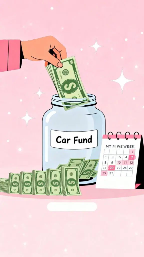 Most Effective Saving Challenge For Car 2 Illustration of a person adding large bills into a car fund jar with a calendar showing decreasing weekly amounts on a pastel pink background.