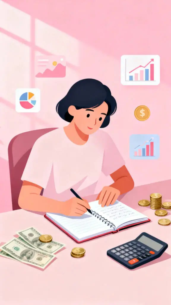 Illustration showing tracking income and spending as a step toward financial freedom on a pastel pink background.
