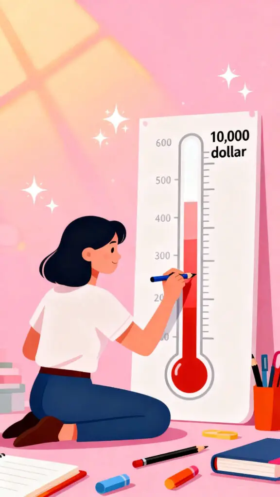 Illustration of a woman filling in a savings thermometer chart toward a 10,000 goal, on a pastel pink background with highlights.
