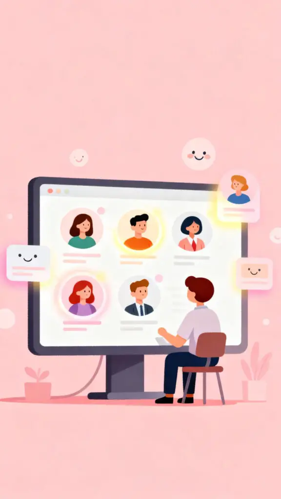 Illustration of a business owner studying customer profiles on a screen with pastel pink background.