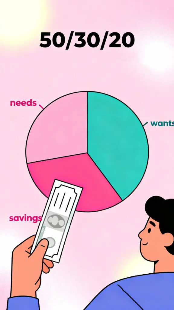 Illustration of a bi-weekly 50/30/20 budgeting pie chart with a person managing income on a pastel pink background.