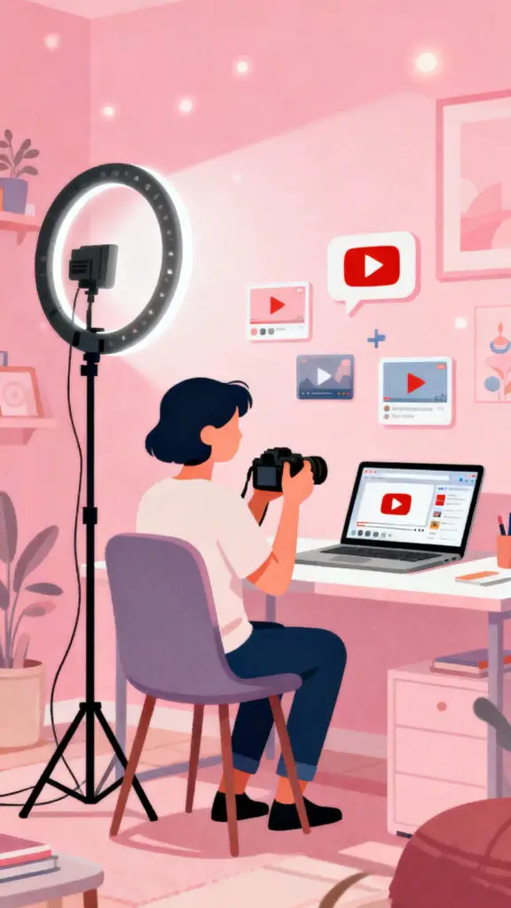 Illustration of a YouTube content creator working from home using Google platforms on a pastel pink background.