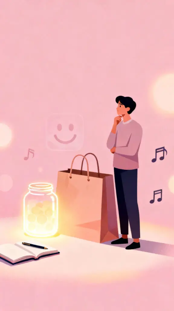 Illustration representing mindful spending and avoiding emotional shopping on a pastel pink background.