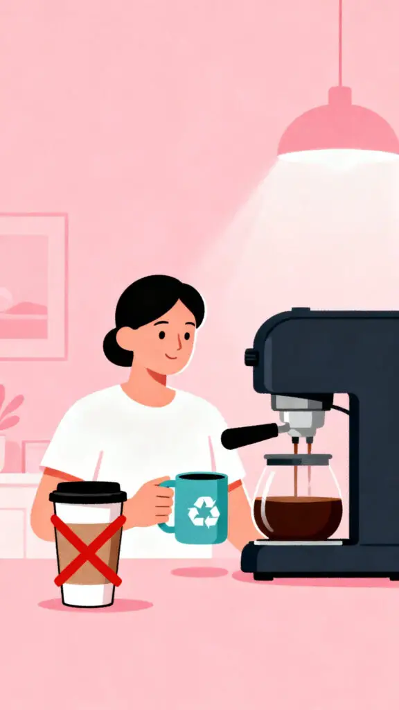 Illustration showing someone making coffee at home instead of buying takeout coffee on a pastel pink background.