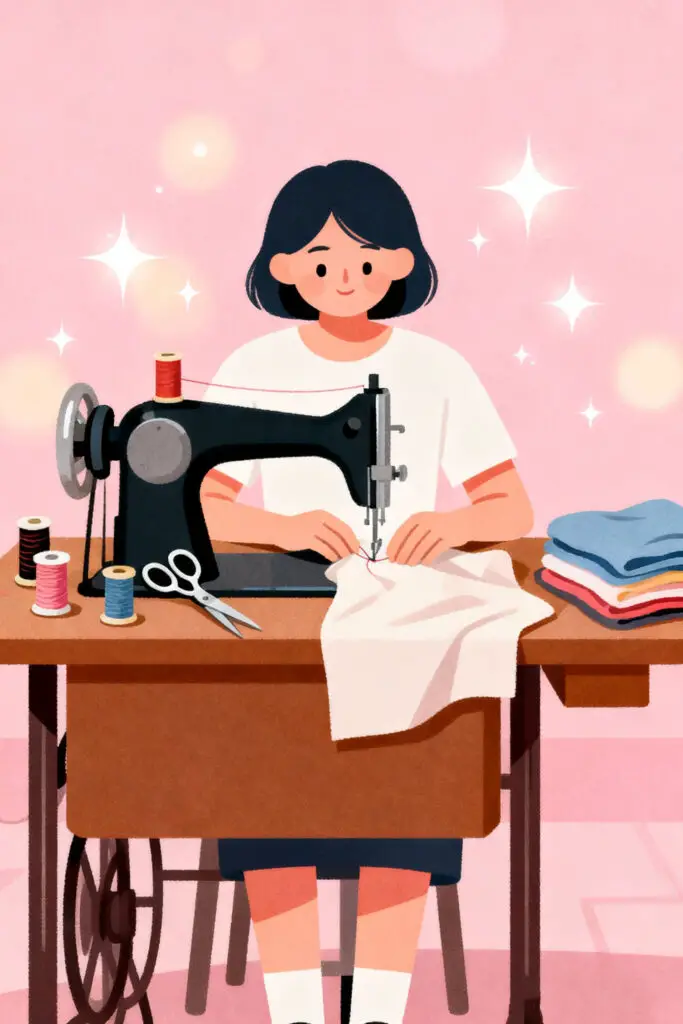 Illustration of sewing and stitching clothes at home as an old-fashioned way to earn money on a pastel pink background.