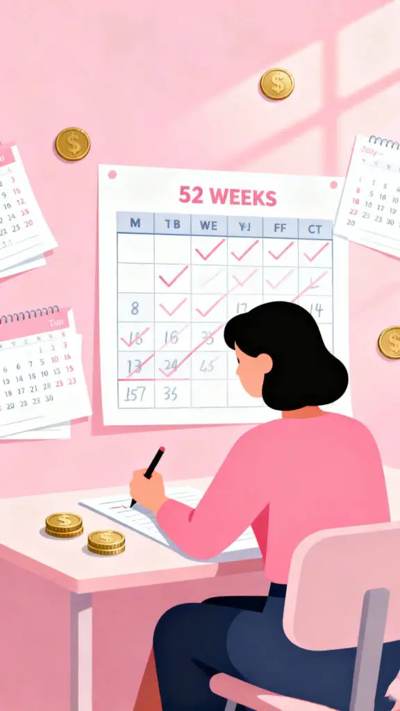 Illustration of a woman tracking her 52-week savings challenge on a pastel pink background.