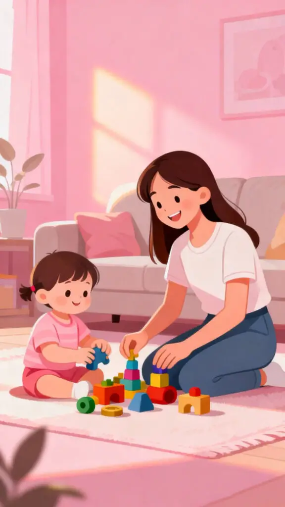 Illustration of a teen babysitting a child in a safe home setting on a pastel pink background.
