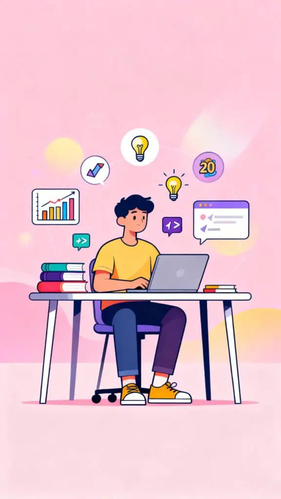 How to Get Rich in Your 20s 2 Illustration showing skill-building and personal growth for increasing income on a pastel pink background.