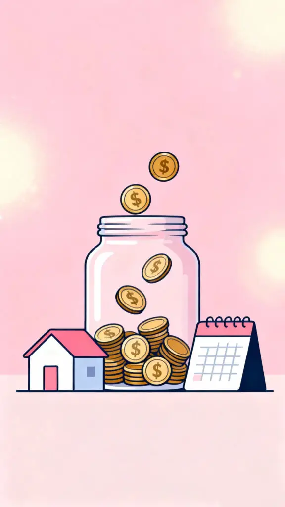 Illustration of building an emergency fund with savings and financial security on a pastel pink background.