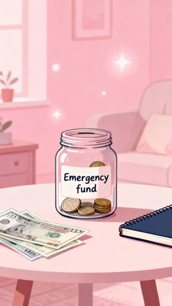 Illustration representing the importance of building a small emergency fund to avoid falling back into debt, on a pastel pink background.