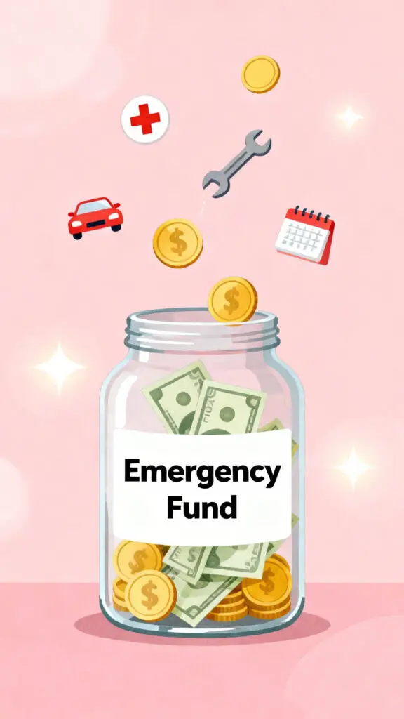Illustration of an emergency fund jar representing financial security and preparedness on a pastel pink background.