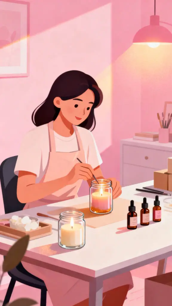 Illustration of a woman creating handmade candles for a home-based craft business on a pastel pink background.