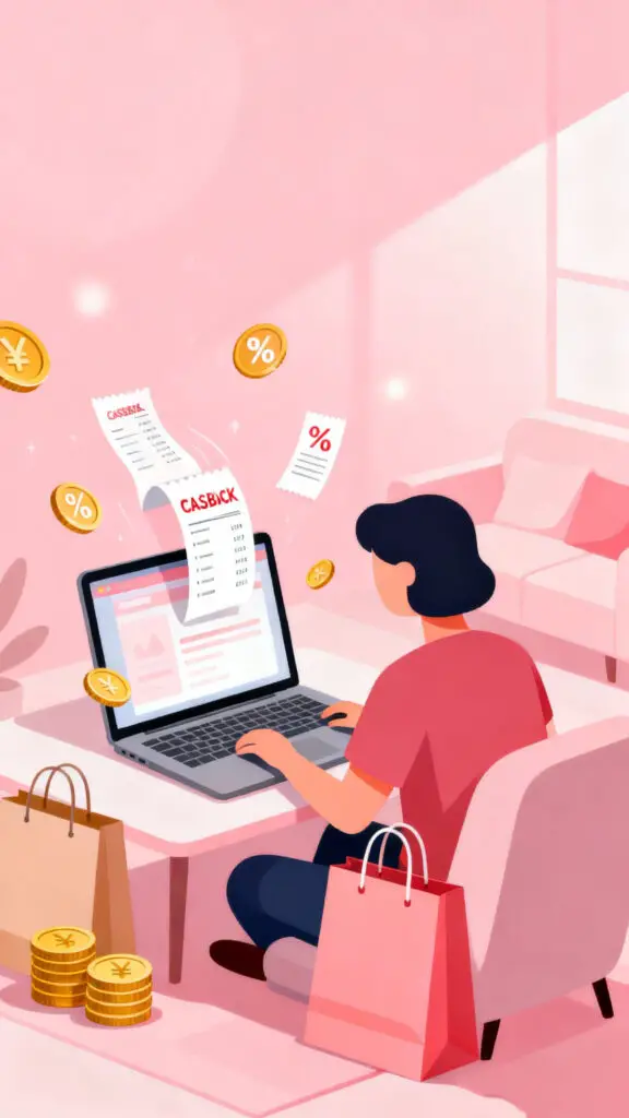 Illustration of using cashback shopping apps to earn free money from everyday purchases on a pastel pink background.