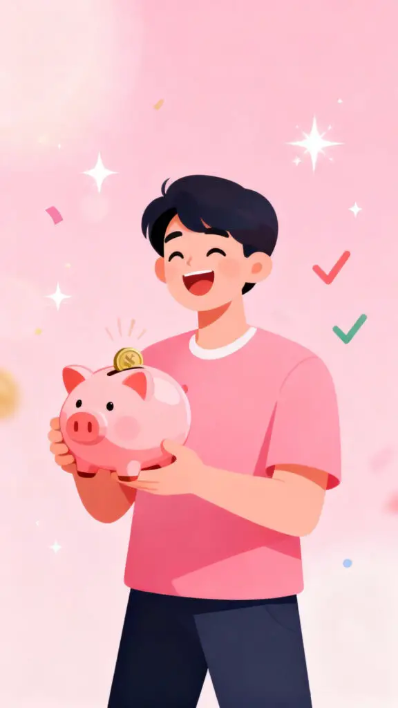 Illustration representing celebrating small savings milestones and financial confidence on a pastel pink background.