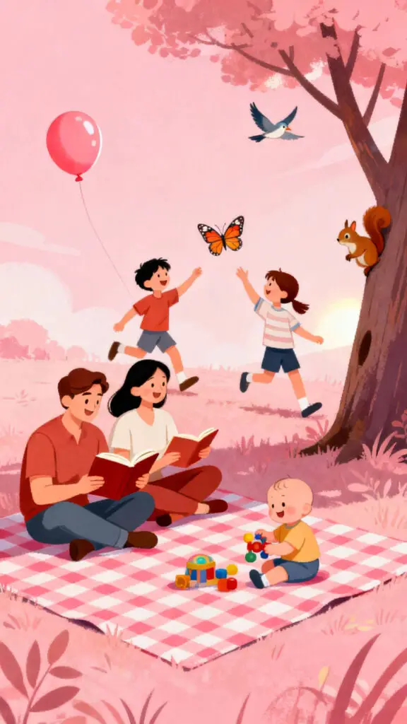 Illustration representing a family enjoying free entertainment and quality time together without spending money, on a pastel pink background.