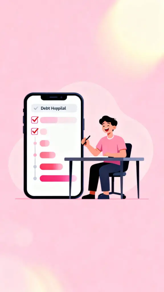 Illustration of a person using a debt payoff planner app to track progress and stay motivated on a pastel pink background.