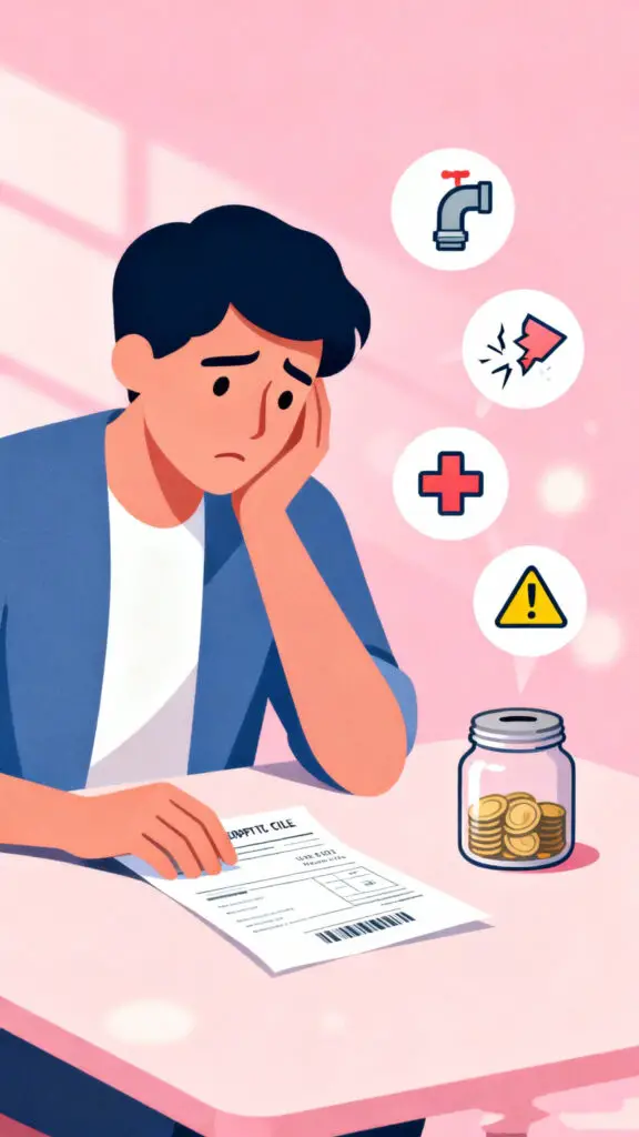 Illustration showing the importance of saving for emergency expenses to avoid financial stress, on a pastel pink background.