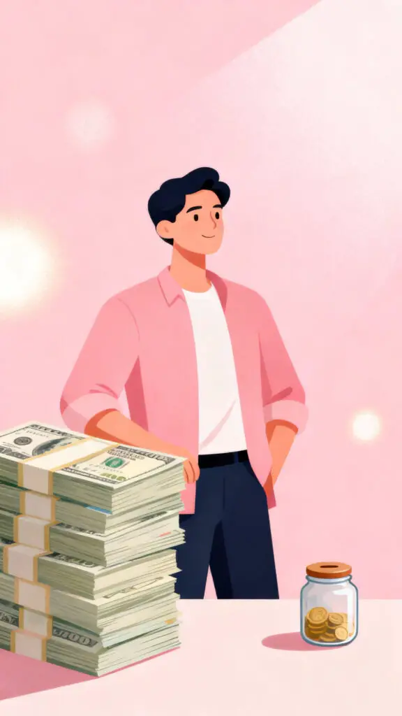 Illustration showing financial stability with paid bills and savings on a pastel pink background.