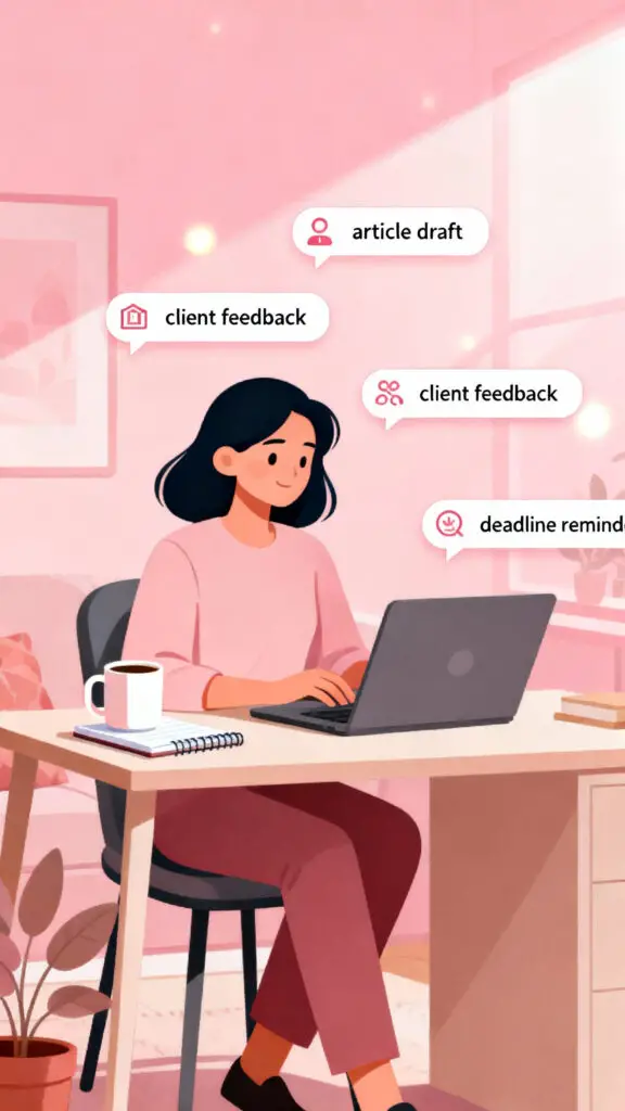 Illustration of a woman working as a freelance content writer from home on a pastel pink background.