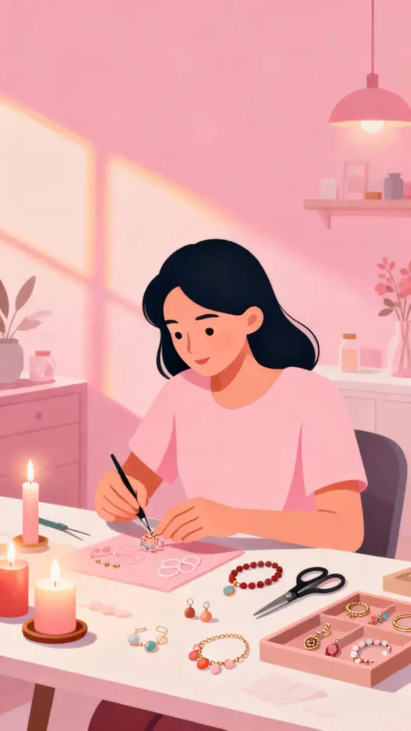 Illustration showing a woman running a handmade crafts business from home on a pastel pink background.